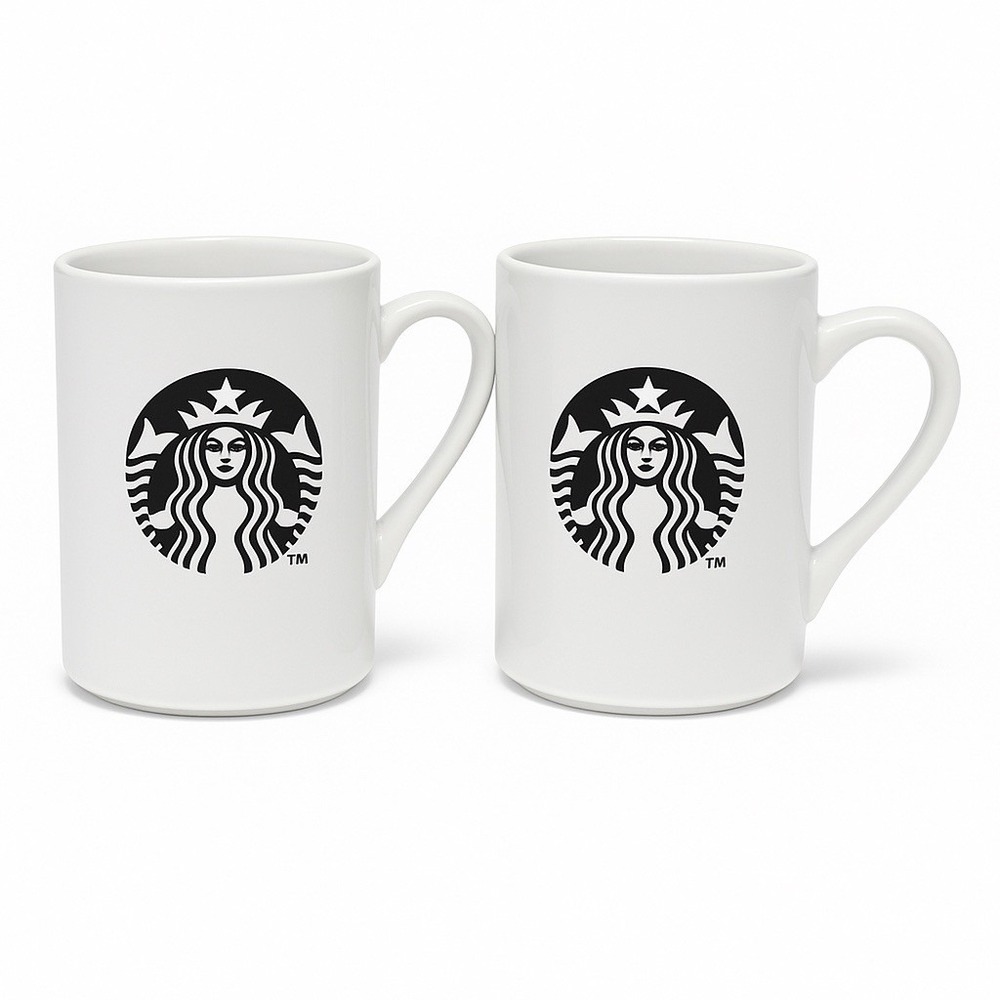 Starbucks 2013 White 14 oz 2 Coffee Mugs‎ Cups Classic Logo Black White Pair